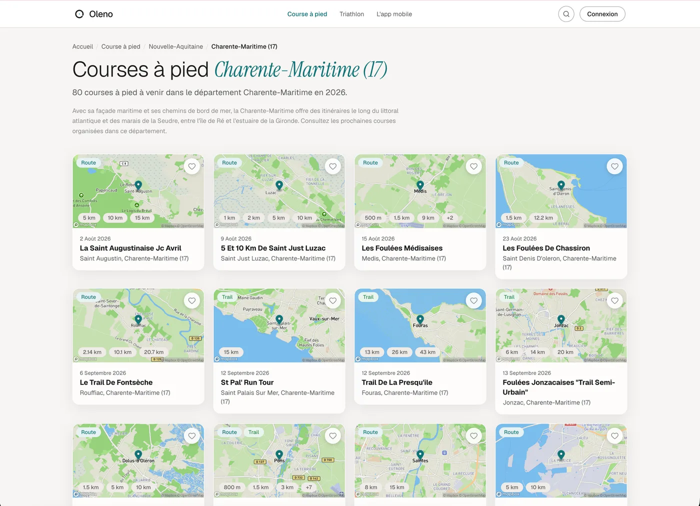 Le calendrier des courses à pied sur Oleno (web)